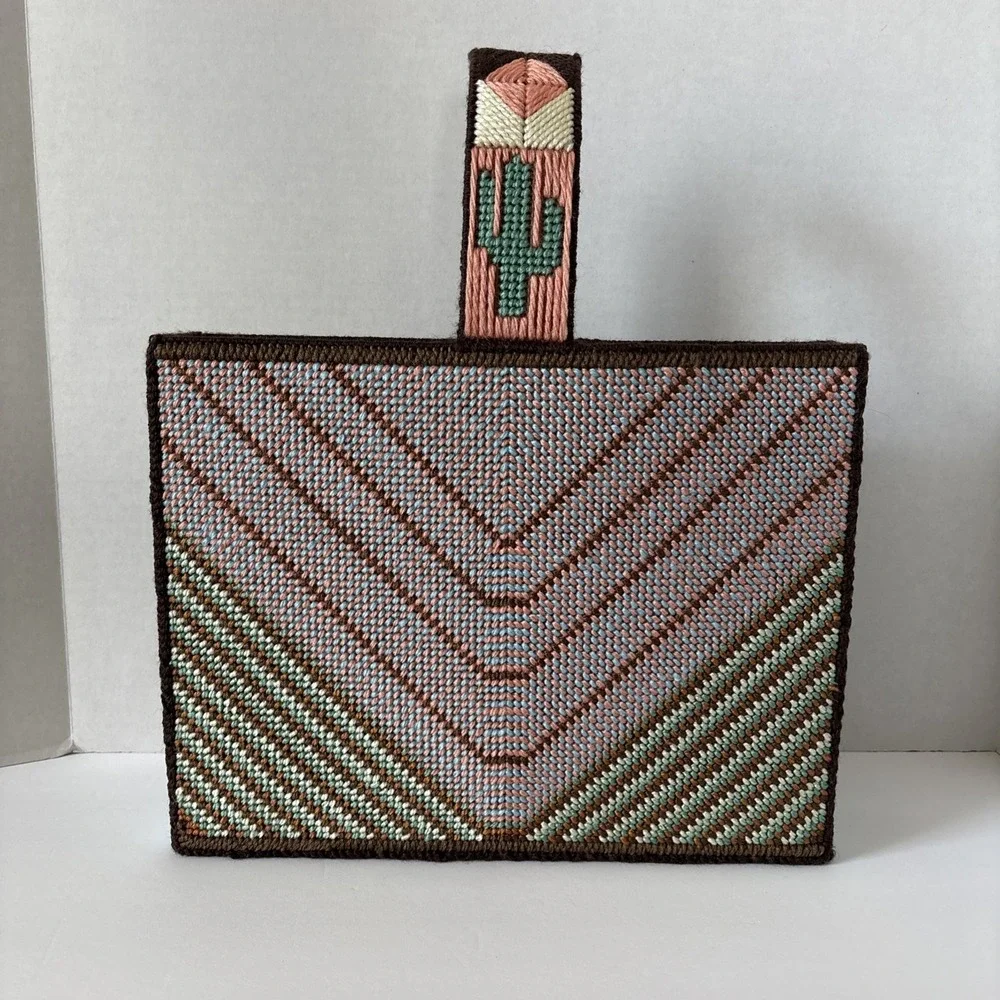 Vintage Handmade Needlepoint Cross Stitch Box Aztec Desert Cactus Purse